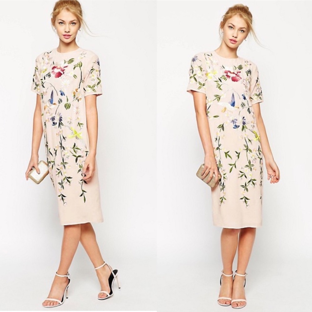 Bird and Floral Embroidered Shift Dress